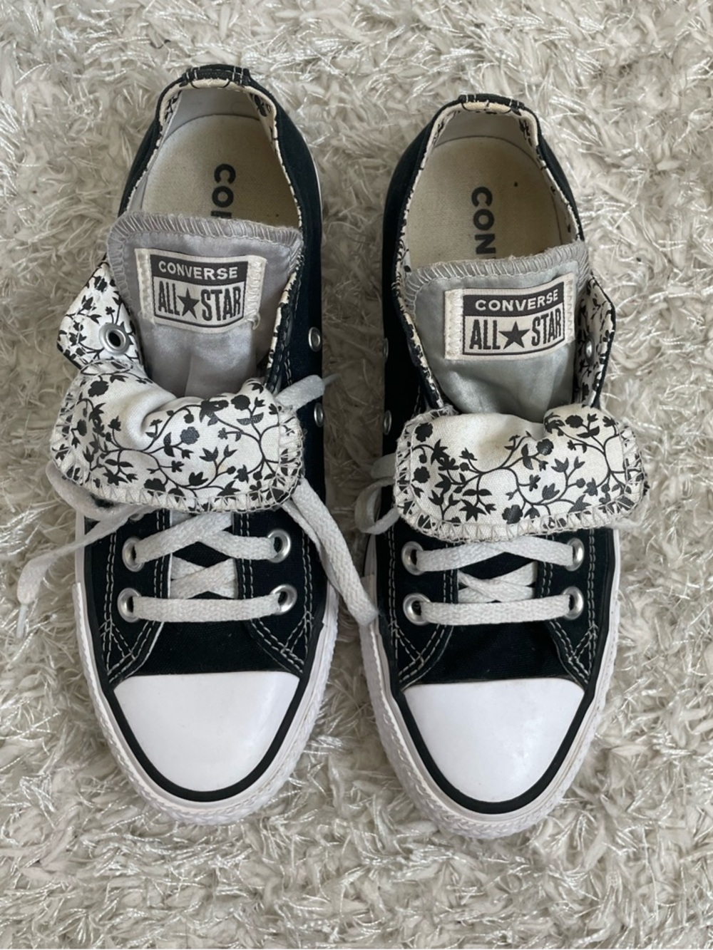 Converse Chuck Taylor All Star Low Top Sneakers Double Tongue Floral Black White - Picture 4 of 14
